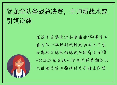 猛龙全队备战总决赛，主帅新战术或引领逆袭